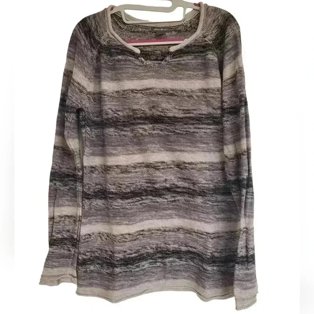 Eddie Bauer Striped Crewneck Sweater in Gray and White